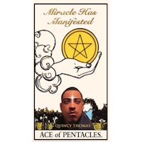 a man holding a pentacle with the words miracle has manifested